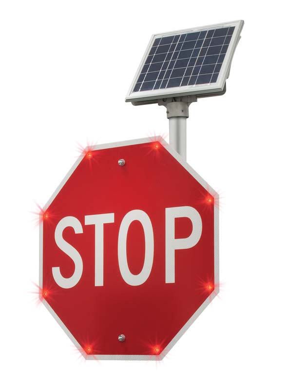 BlinkerSign, R1-1, 48", Stop, DG3, Red, Solar, 8 Red LEDs, Double Post Mount - 2180-00207