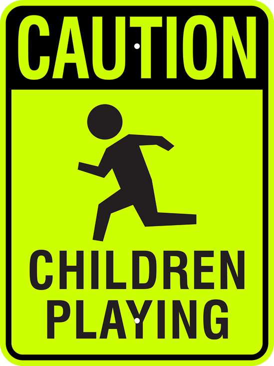 Caution Children Playing Metal Sign, Fluorescent Yellow Green, Various Sizes, Holes, Overlaminate Y/N, Quality Materials, Long Life - CH-1003