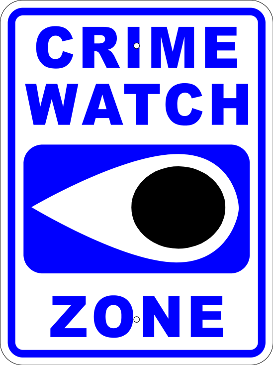 Crime Watch Zone Metal Sign, White/Black/Blue, Var. Sizes, Reflective Grades, Holes, Overlaminate Y/N, Quality Materials, Long Life - NW-1002