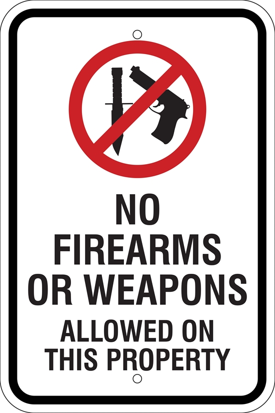 No Firearms or Weapons w/ Symbol Metal Sign, Reflective/Non-Refl., Various Sizes, Holes, Overlaminate Y/N, Quality Materials, Long Life - NF-1002