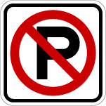 No Parking w/Symbol Sign R8-3, Metal, White Red Black, Var. Sizes, Reflective Grades, Holes/No Holes, Overlaminate Y/N, Quality Materials, Long Life - R8-3