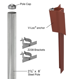Pole Package, 10, 2-3/8" OD, V-Loc Soil Anchor Includes: Pole, Cap, V-Loc & Sign Brackets Sign pole package,sign pole with hardware,10 ft foot pole package,sign pole with everything needed,alum sign pole package,alum sign post package,aluminum sign pole package,aluminum sign post package,sign pole with anchor and brackets,sign pole v-loc anchor package,sign pole v-lock anchor package