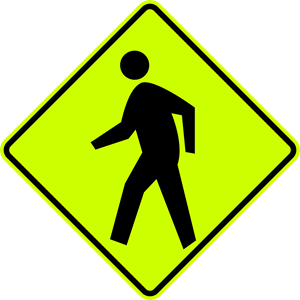 Pedestrian (Sym) Metal Sign, W11-2, Fluorescent Yellow Green, Diamond Shape, Var.Sizes, Holes, Overlaminate Y/N, Qlty. Materials, Long Life