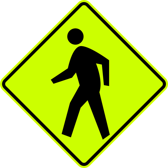 Pedestrian (Sym) Metal Sign, W11-2, Fluorescent Yellow Green, Diamond Shape, Var.Sizes, Holes, Overlaminate Y/N, Qlty. Materials, Long Life - W11-2