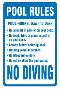 Pool Rules...No Diving Sign 