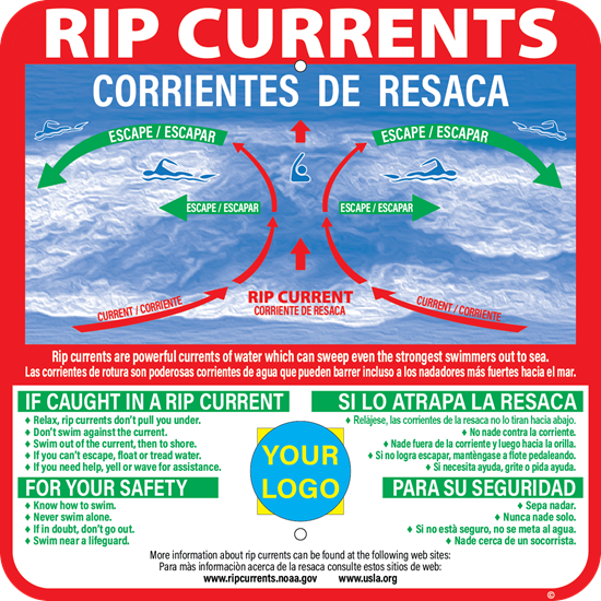 Rip Currents - Bilingual, Essential Info-graphic w/ Escape Instructions, Various Sizes, Choose Reflective Grade, Holes or No Holes, Overlaminate Option, Quality Materials for Long Life - RC-1002