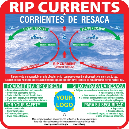 Rip Current Warning Metal Sign, Your Custom Logo, Bilingual English/Spanish, Aluminum, Reflective, Pre-punched Holes, Overlaminate Incl., Long Life - RC-1002dL
