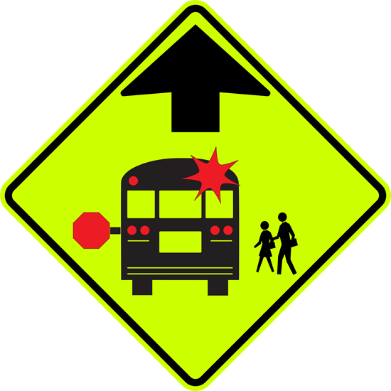 School Bus Stop Ahead (Sym) Metal Sign, S3-1 Fluorescent Yellow Green, Diamond Shape, Var.Sizes, Holes, Overlaminate Y/N, Qlty. Materials, Long Life - S3-1