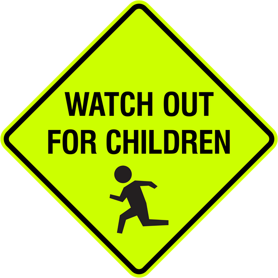 Watch Out for Children w/ Symbol Metal Sign, Fluorescent Yellow Green, Diamond Shape, Var. Sizes, Holes, Overlaminate Y/N, Quality Materials, Long Life - CH-1002