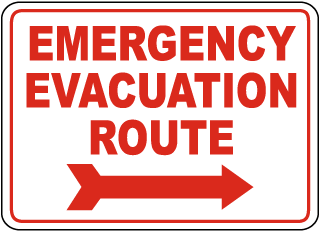 Emergency Evacuation Route with Arrow Metal Sign (Regular Print), Reflective/Non, 14 x 10, Holes, Overlaminate Y/N, Quality Materials, Long Life - EME-1007
